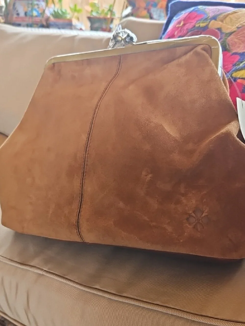 Cognac Suede Frame-Top Shoulder Bag in Cognac With Detachable Crossbody Strap